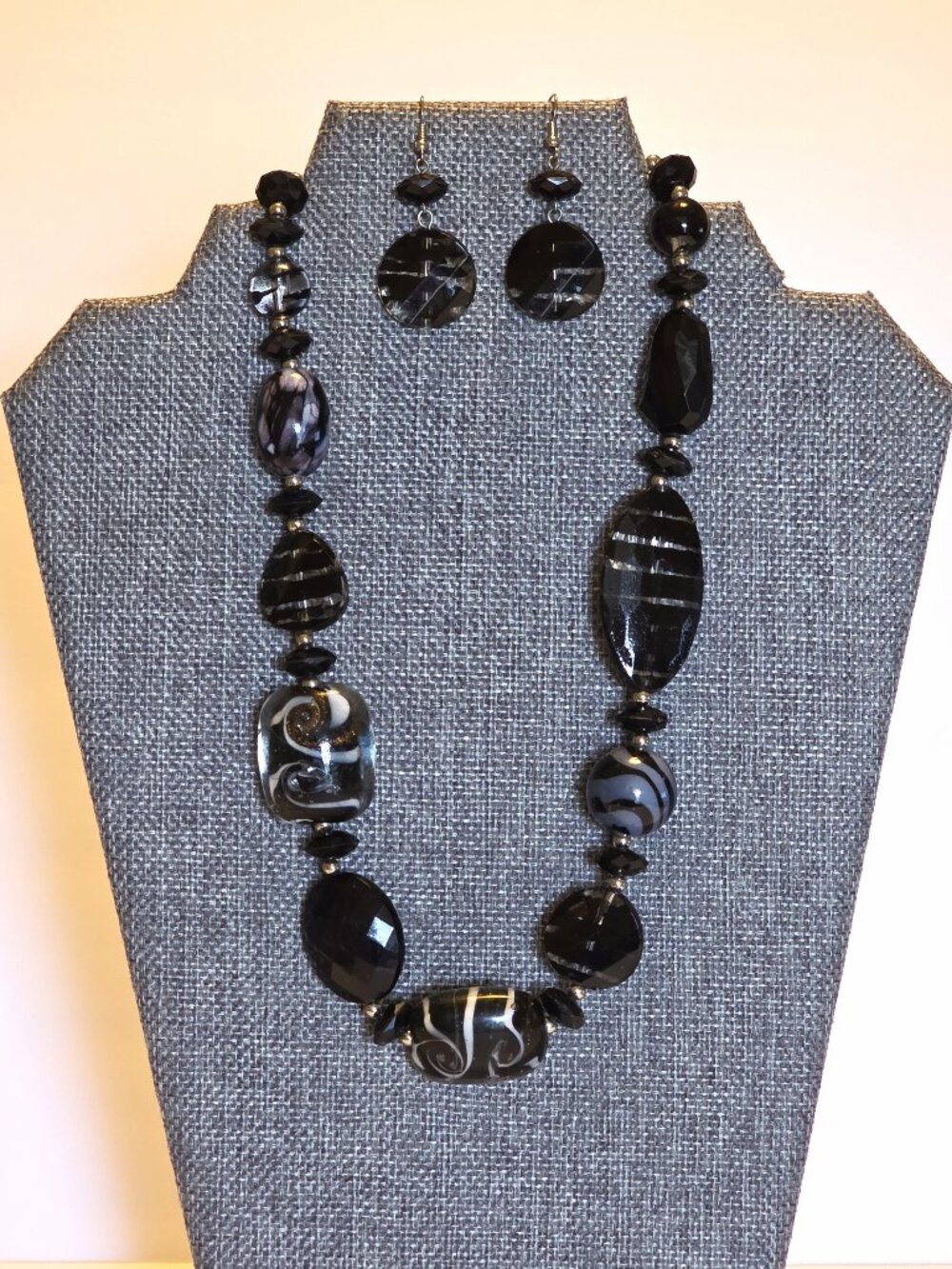 Black Statement Necklace Earrings Set Chunky Lampwork Beads 20"